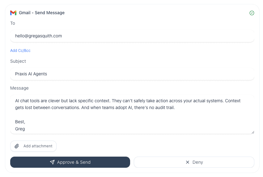 Praxis approval flow showing Gmail integration with approve and deny options