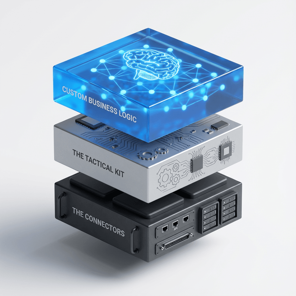 Three-layer architecture: Custom Business Logic, The Tactical Kit, and The Connectors